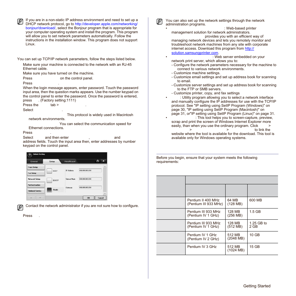 Configuring network protocol via the machine, System requirements, Windows | Samsung SCX-6545N Series User Manual | Page 27 / 190