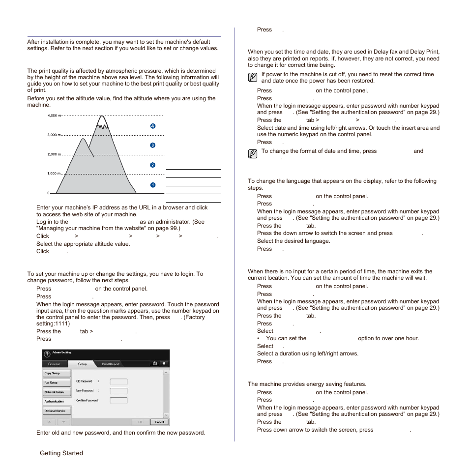 Machine's basic settings, Altitude adjustment, Setting the authentication password | Setting the date and time, Changing the display language, Setting job timeout, Using energy saving feature, E 29 fo | Samsung SCX-6545N Series User Manual | Page 30 / 190