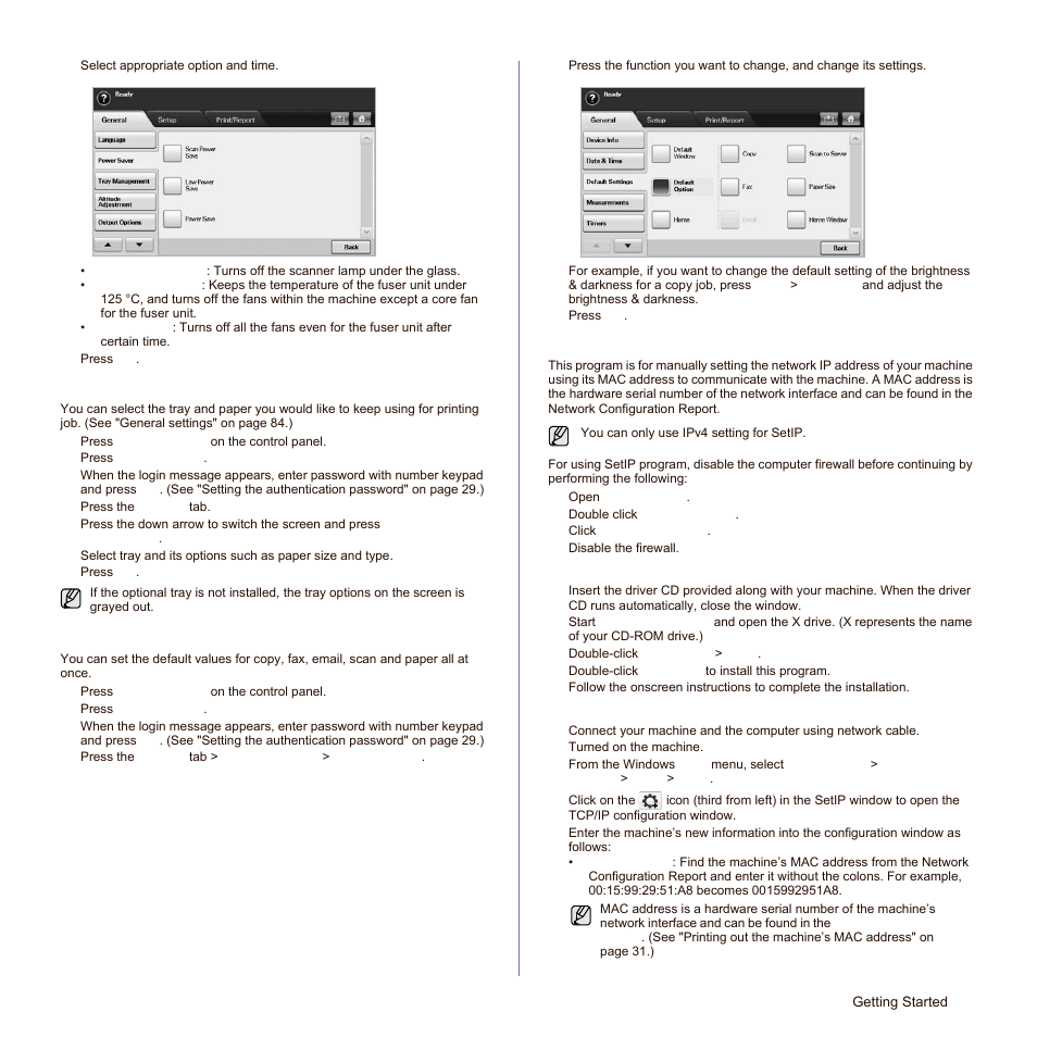 Setting the default tray and paper, Changing the default settings, Ip setting using setip program (windows) | Ip setting using setip program (windows)" on | Samsung SCX-6545N Series User Manual | Page 31 / 190