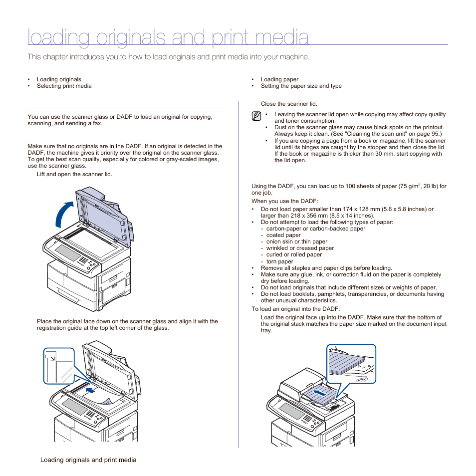 Loading originals and print media, Loading originals, On the scanner glass | In the dadf | Samsung SCX-6545N Series User Manual | Page 34 / 190