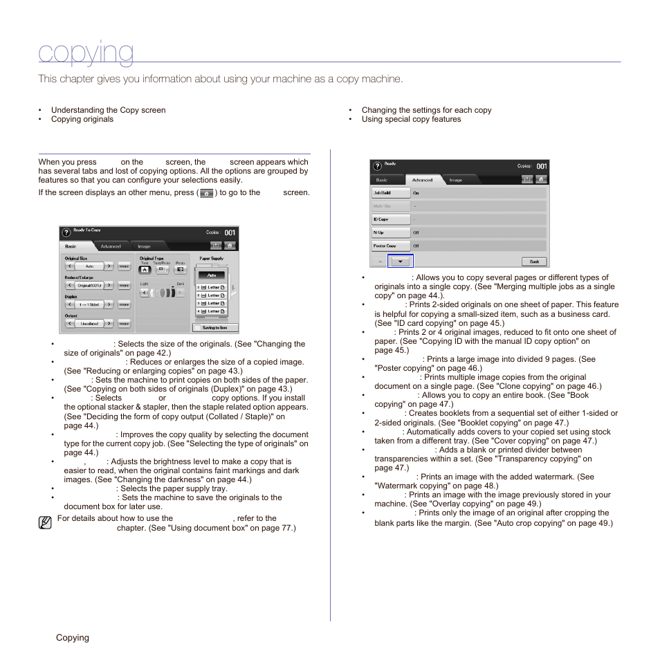 Copying, Understanding the copy screen, Basic tab | Advanced tab | Samsung SCX-6545N Series User Manual | Page 42 / 190