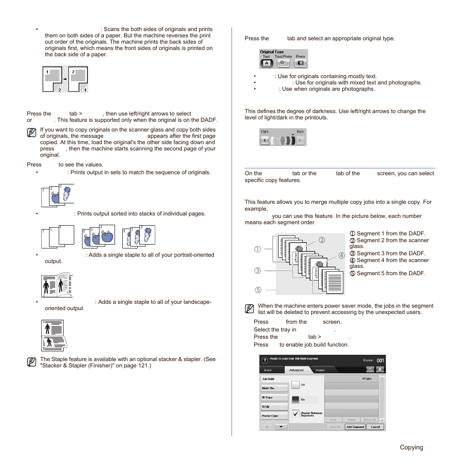 Selecting the type of originals, Changing the darkness, Using special copy features | Merging multiple jobs as a single copy, Ob. (see "selecting the type of originals" on, Le copy. (see "merging multiple jobs as a single | Samsung SCX-6545N Series User Manual | Page 45 / 190