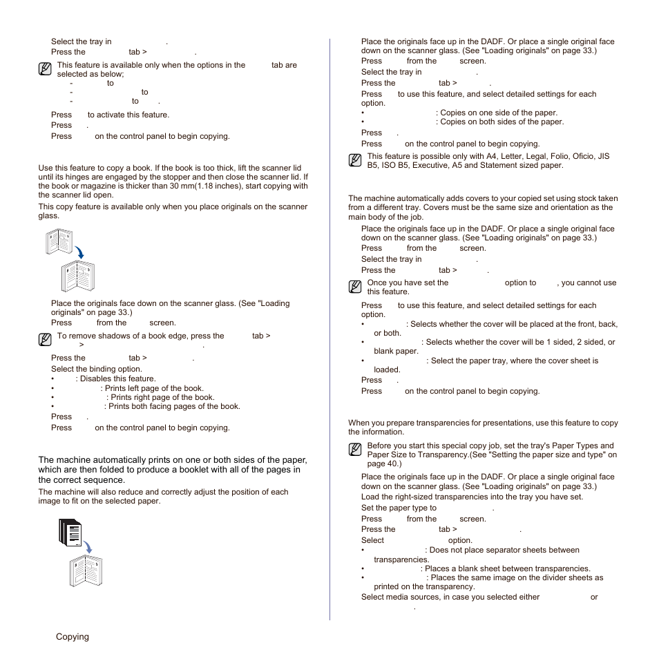 Book copying, Booklet copying, Cover copying | Transparency copying, See "book, Set. (see "transparency copying" on | Samsung SCX-6545N Series User Manual | Page 48 / 190