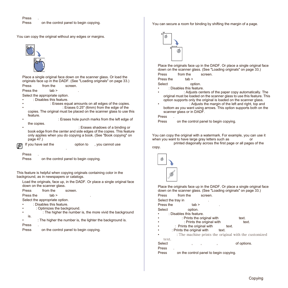 Erasing edges, Erasing background images, Shifting margins | Watermark copying, Es. (see "erasing | Samsung SCX-6545N Series User Manual | Page 49 / 190