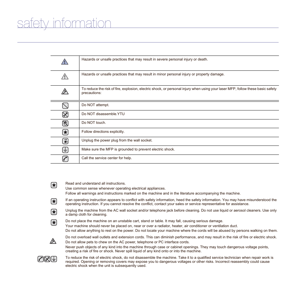 Safety information, Important safety symbols and precautions | Samsung SCX-6545N Series User Manual | Page 5 / 190