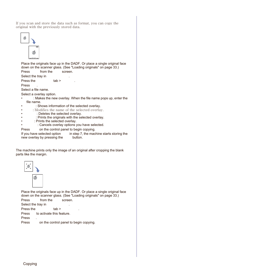 Overlay copying, Auto crop copying | Samsung SCX-6545N Series User Manual | Page 50 / 190