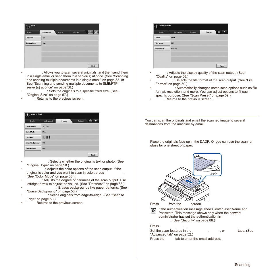 Advanced tab, Image tab, Output tab | Scanning originals and sending through email (scan | Samsung SCX-6545N Series User Manual | Page 53 / 190