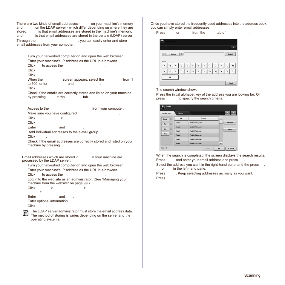 Storing email addresses, Entering email addresses by the address book, See "storing email | See "global" on | Samsung SCX-6545N Series User Manual | Page 55 / 190