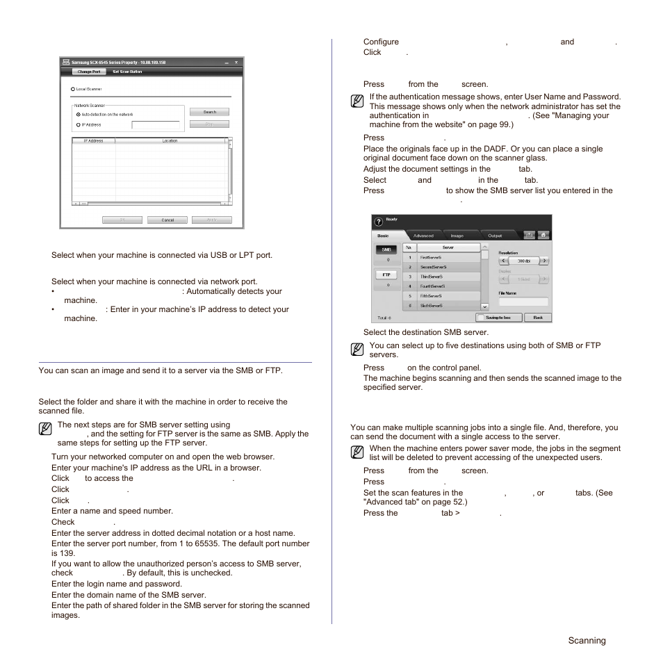 Change port tab, Preparation for scanning to smb/ftp, Scanning and sending to smb/ftp server | Scanning originals and sending via smb/ftp (scan, Server. (see, See "scanning originals and | Samsung SCX-6545N Series User Manual | Page 57 / 190
