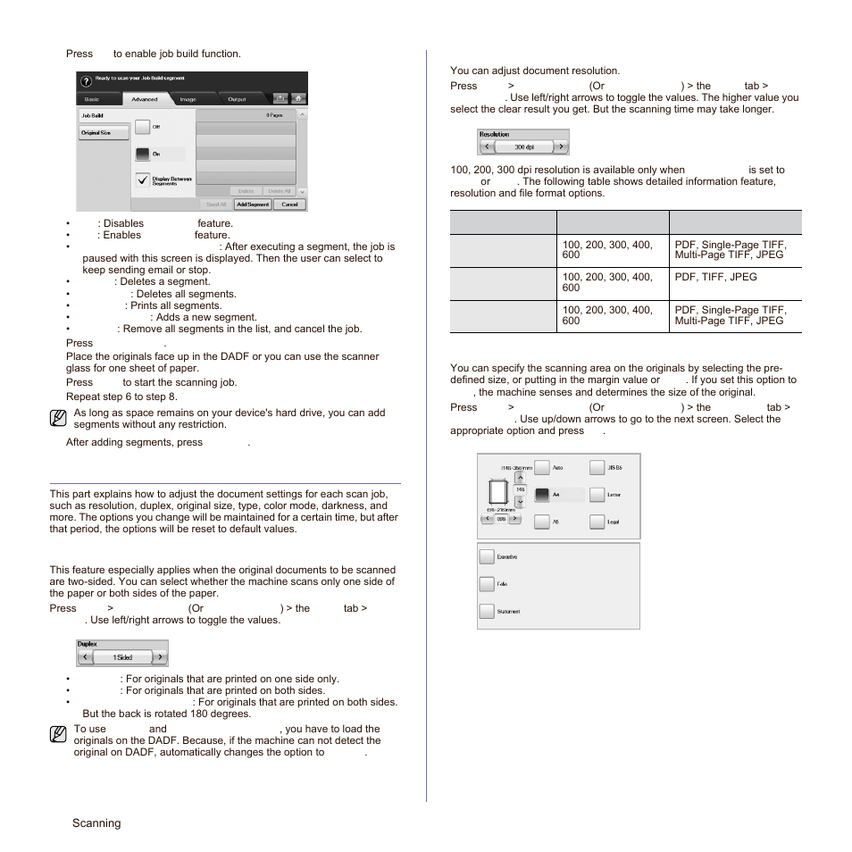 Changing the scan feature settings, Duplex, Resolution | Original size | Samsung SCX-6545N Series User Manual | Page 58 / 190