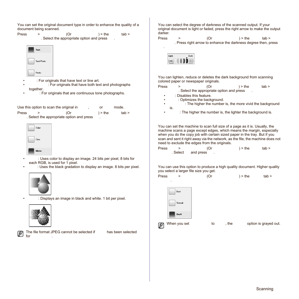 Original type, Color mode, Darkness | Erase background, Scan to edge, Quality, See "scan to | Samsung SCX-6545N Series User Manual | Page 59 / 190