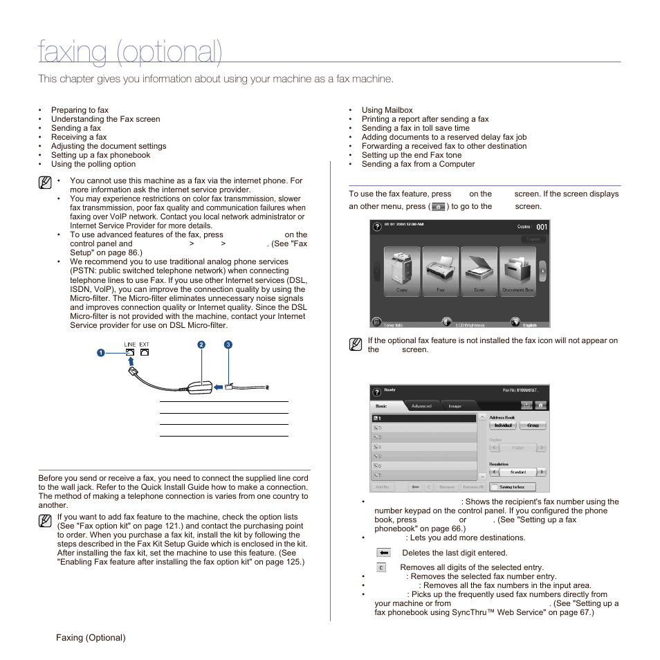 Faxing (optional), Preparing to fax, Understanding the fax screen | Basic tab | Samsung SCX-6545N Series User Manual | Page 62 / 190