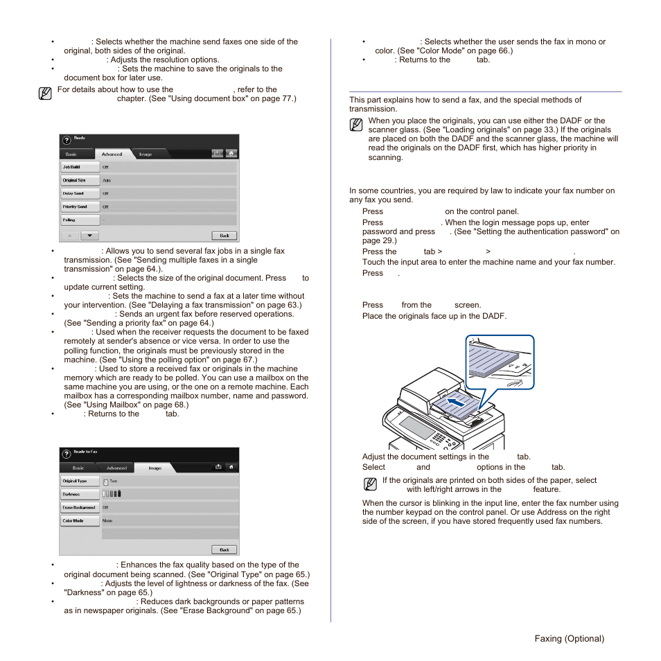 Advanced tab, Image tab, Sending a fax | Setting the fax header | Samsung SCX-6545N Series User Manual | Page 63 / 190