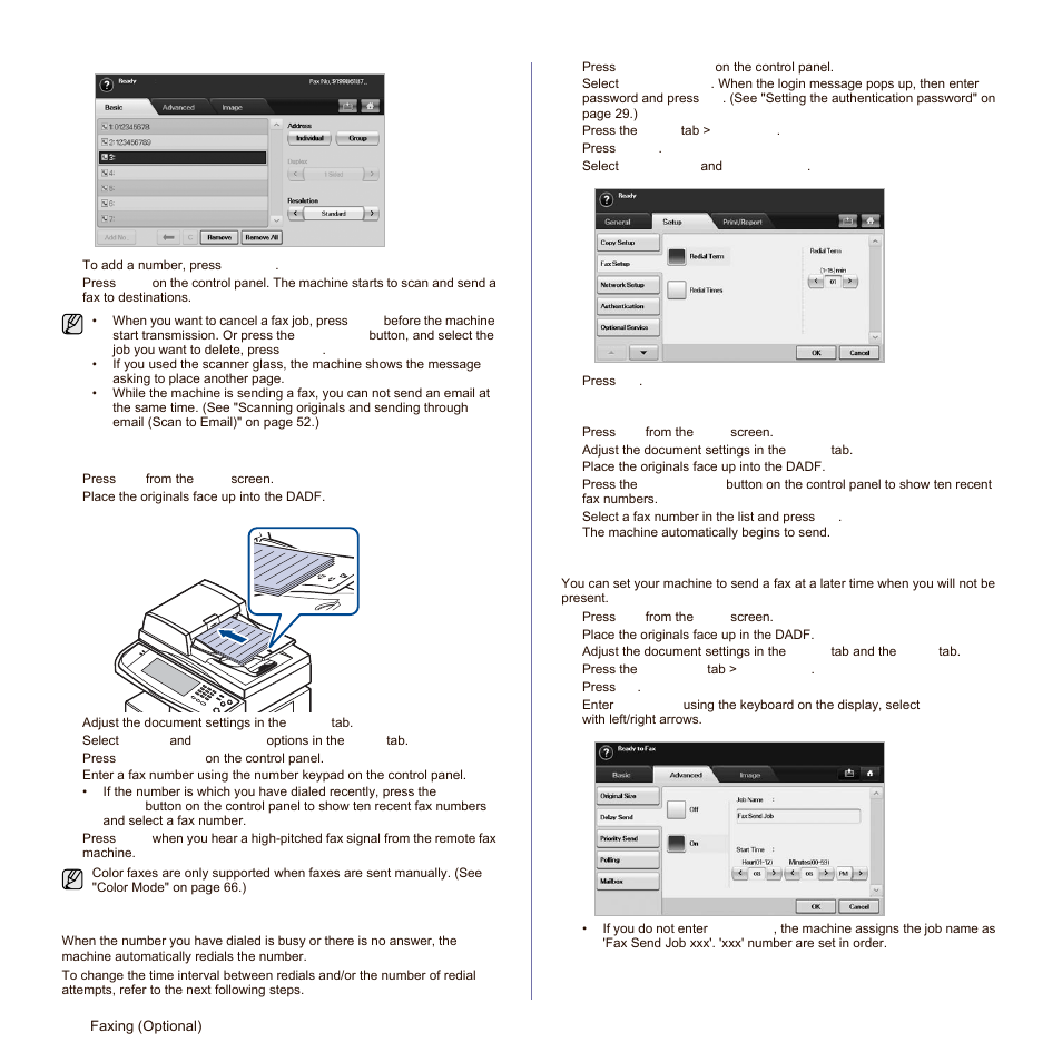 Sending a fax manually (on hook dial), Automatic resending, Redialing the last number | Delaying a fax transmission, Sending a fax manually ( on | Samsung SCX-6545N Series User Manual | Page 64 / 190
