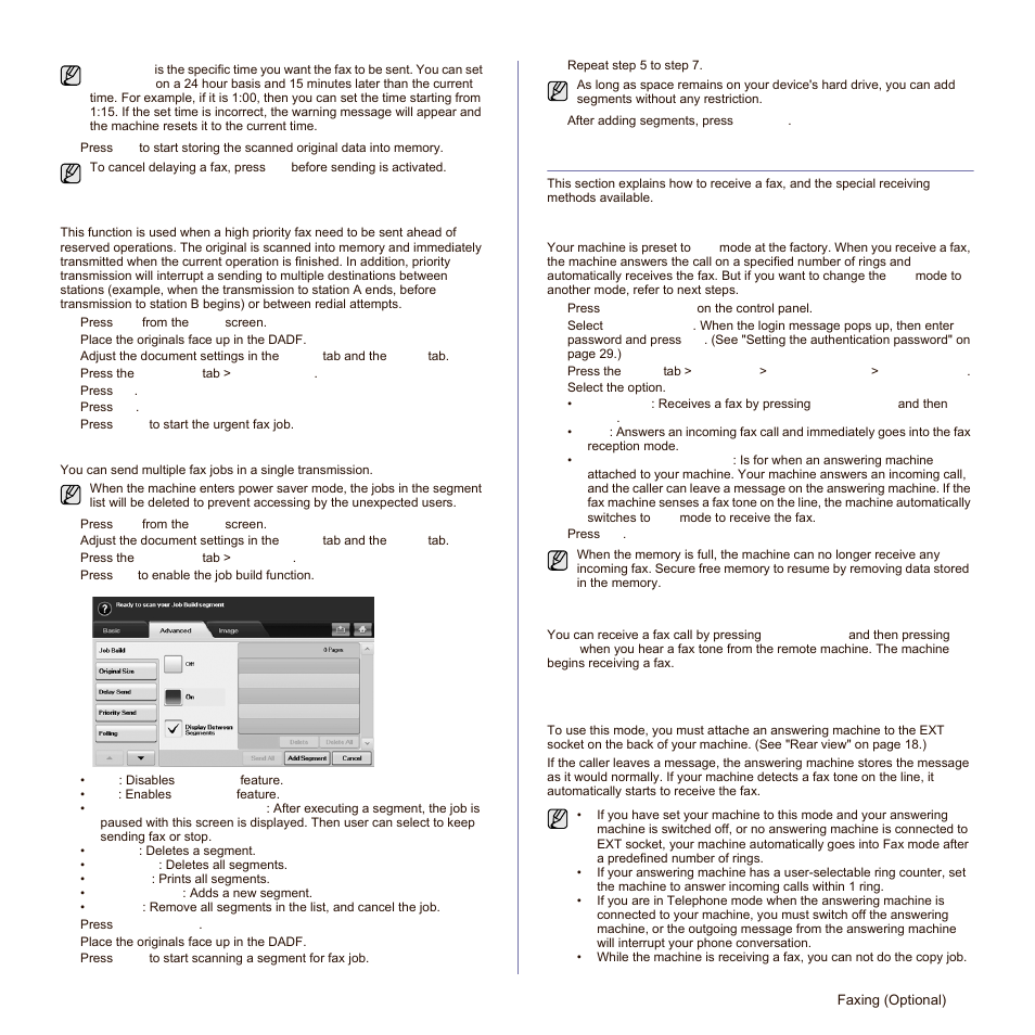 Sending a priority fax, Sending multiple faxes in a single transmission, Receiving a fax | Changing the receive modes, Receiving manually in telephone mode, See "sending multiple faxes in a single | Samsung SCX-6545N Series User Manual | Page 65 / 190