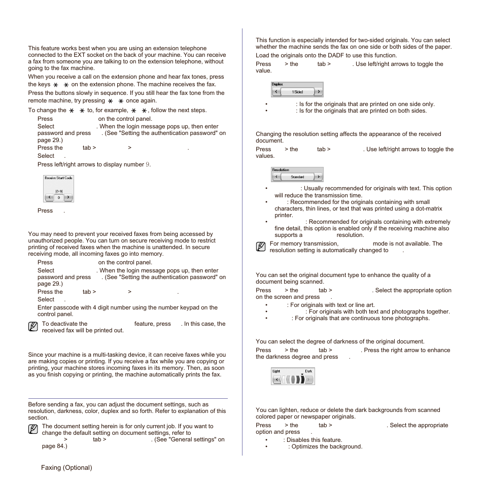 Receiving in secure receiving mode, Receiving faxes in memory, Adjusting the document settings | Duplex, Resolution, Original type, Darkness, Erase background, X. (see | Samsung SCX-6545N Series User Manual | Page 66 / 190