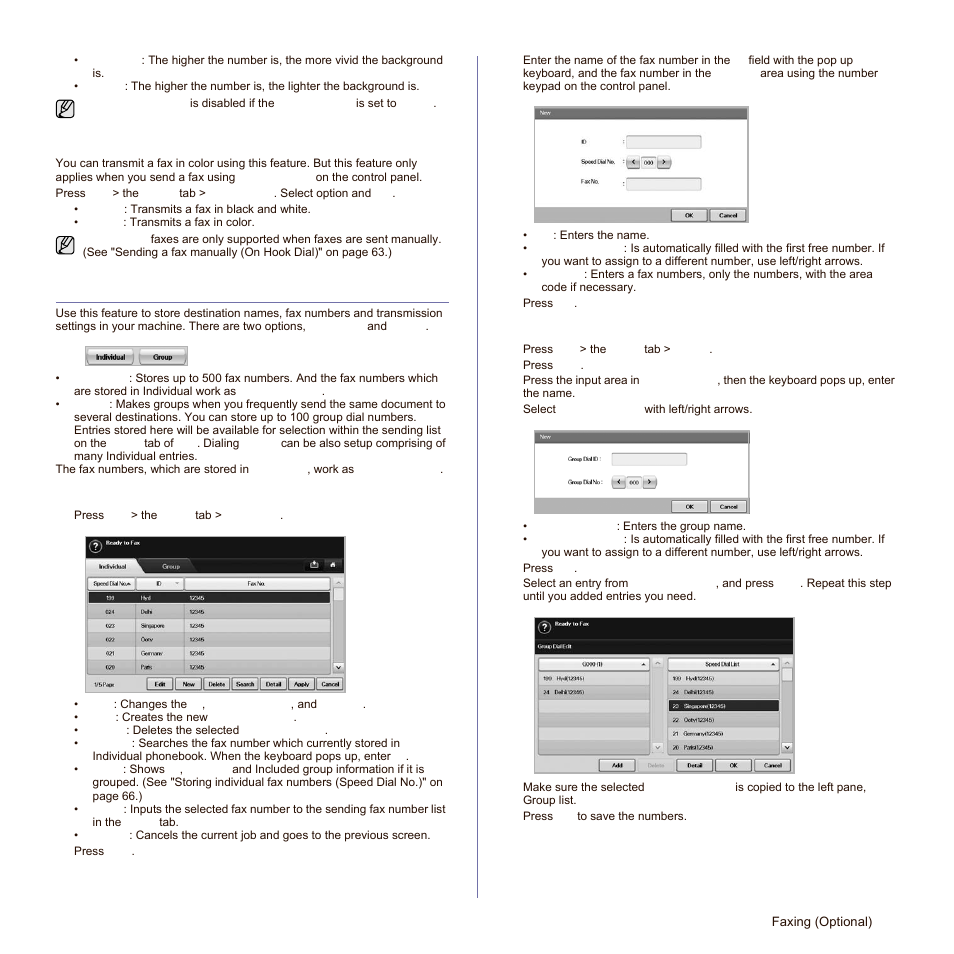 Color mode, Setting up a fax phonebook, Storing individual fax numbers (speed dial no.) | Storing group fax numbers (group no.), Storing individual fax numbers, Storing group fax numbers ( g, See "setting up a fax, Ly. (see | Samsung SCX-6545N Series User Manual | Page 67 / 190