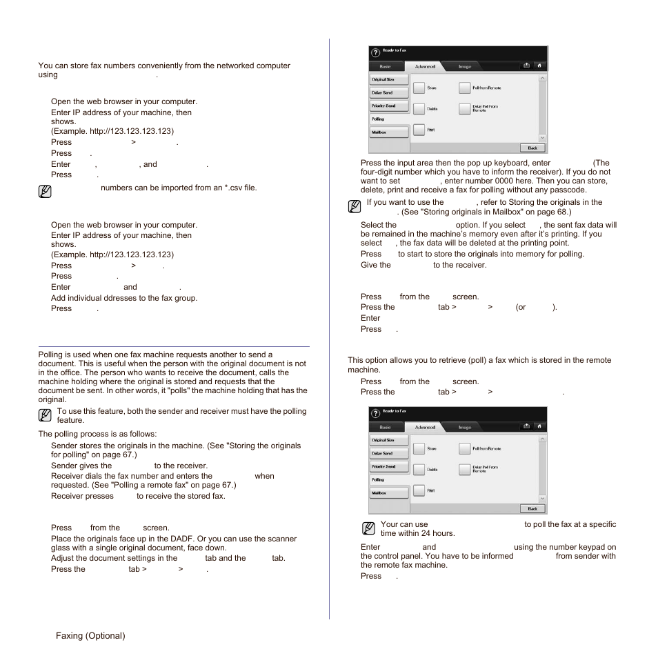 Using the polling option, Storing the originals for polling, Printing (deleting) the polling document | Polling a remote fax, Setting up a fax phonebook using, See "setting up a | Samsung SCX-6545N Series User Manual | Page 68 / 190