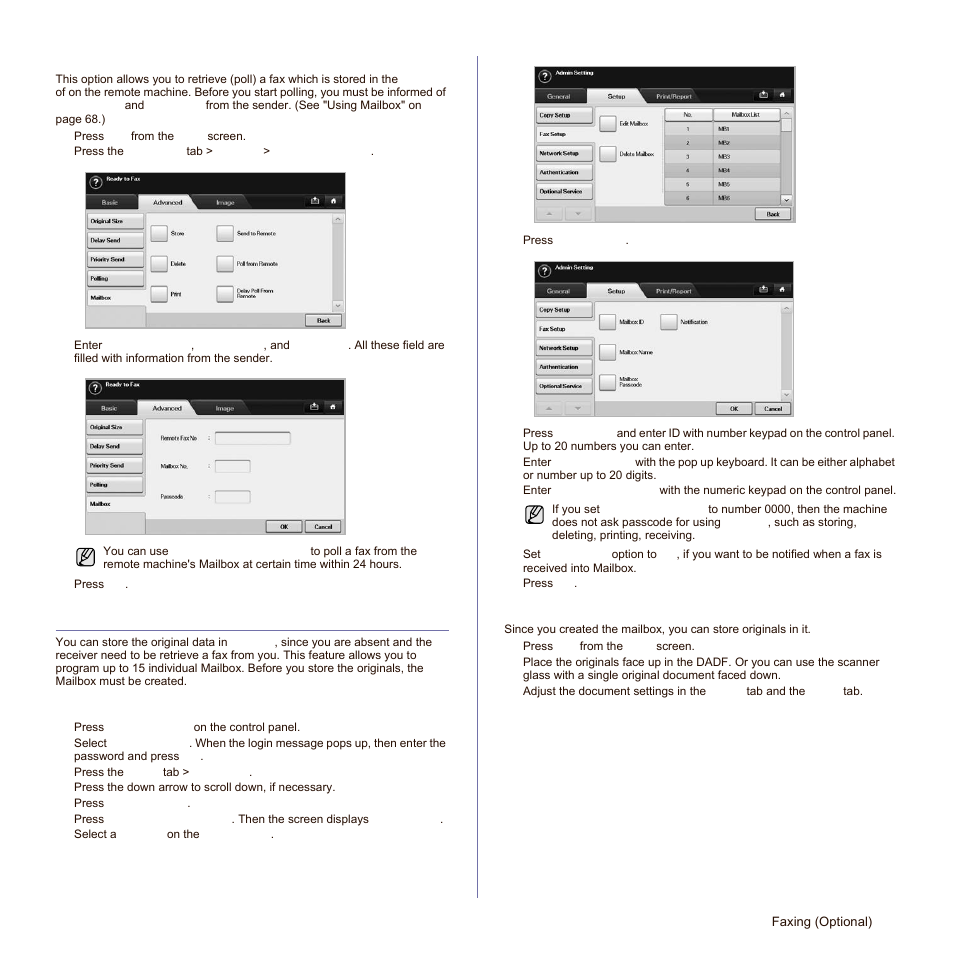 Polling from a remote mailbox, Using mailbox, Creating mailbox | Storing originals in mailbox, Polling from a remote, Using, Creating, Storing originals in | Samsung SCX-6545N Series User Manual | Page 69 / 190