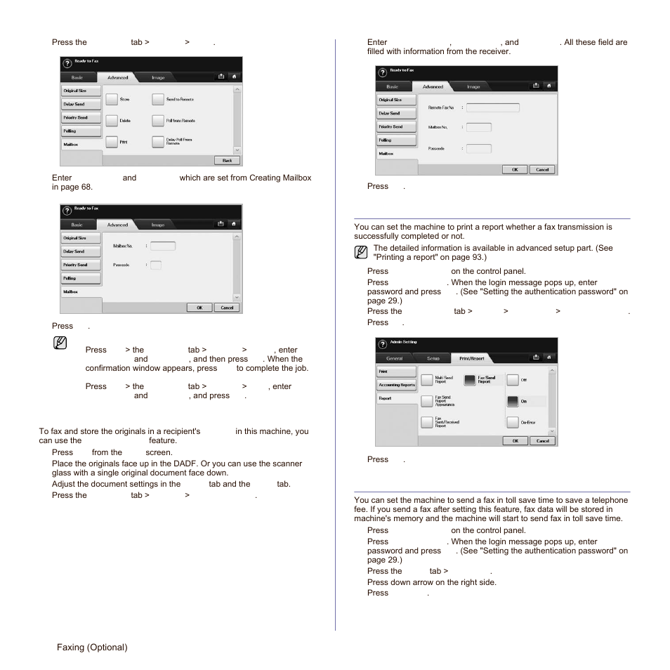 Faxing to a remote mailbox, Printing a report after sending a fax, Sending a fax in toll save time | Faxing to a remote ma | Samsung SCX-6545N Series User Manual | Page 70 / 190
