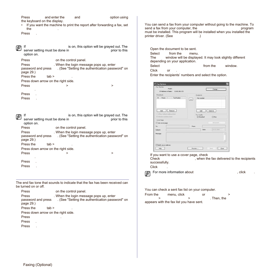 Setting up the end fax tone, Sending a fax from a computer, Sending a fax from your computer | Checking a sent fax list | Samsung SCX-6545N Series User Manual | Page 72 / 190