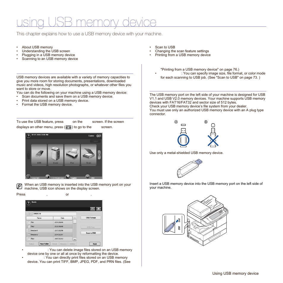 Using usb memory device, About usb memory, Understanding the usb screen | Plugging in a usb memory device | Samsung SCX-6545N Series User Manual | Page 73 / 190