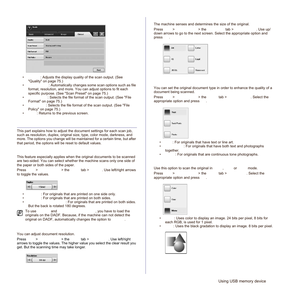 Output tab, Changing the scan feature settings, Duplex | Resolution, Original size, Original type, Color mode, Bs. (see, Xt or photo. (see | Samsung SCX-6545N Series User Manual | Page 75 / 190