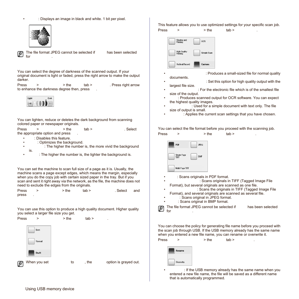 Darkness, Erase background, Scan to edge | Quality, Scan preset, File format, File policy, Rns. (see, Dge. (see "scan to, See "file | Samsung SCX-6545N Series User Manual | Page 76 / 190