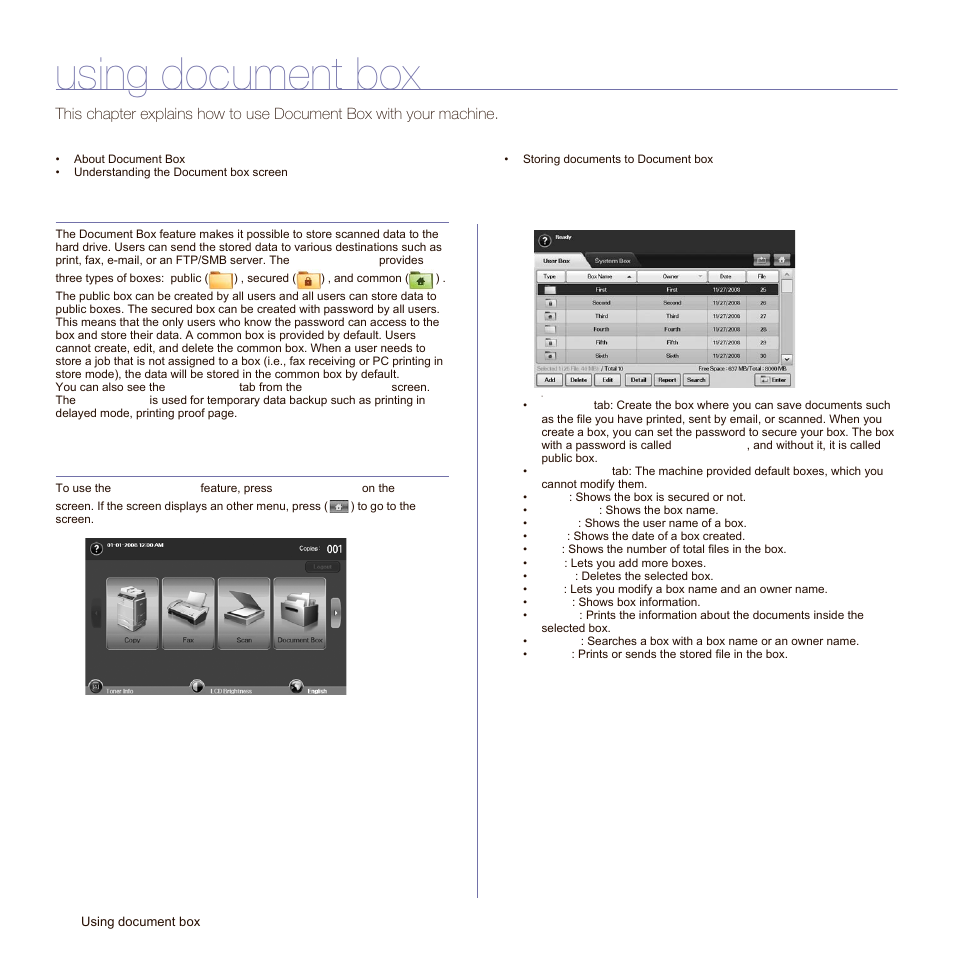 Using document box, About document box, Understanding the document box screen | Document box screen | Samsung SCX-6545N Series User Manual | Page 78 / 190