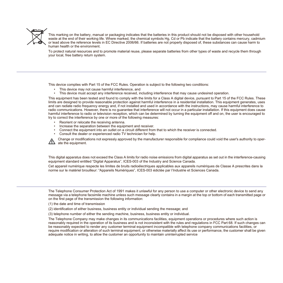 Correct disposal of batteries in this product, Radio frequency emissions, Fax branding | Samsung SCX-6545N Series User Manual | Page 8 / 190