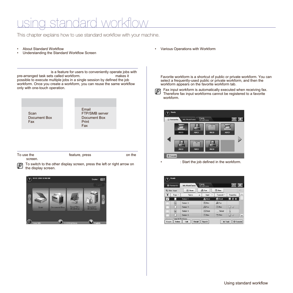 Using standard workflow, About standard workflow, Understanding the standard workflow screen | Workflow screen, About stan, Understanding the st | Samsung SCX-6545N Series User Manual | Page 81 / 190