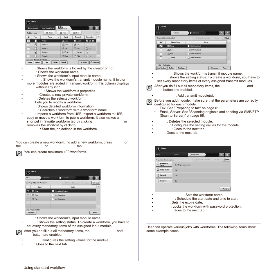 Workform creating screen, Various operations with workform | Samsung SCX-6545N Series User Manual | Page 82 / 190