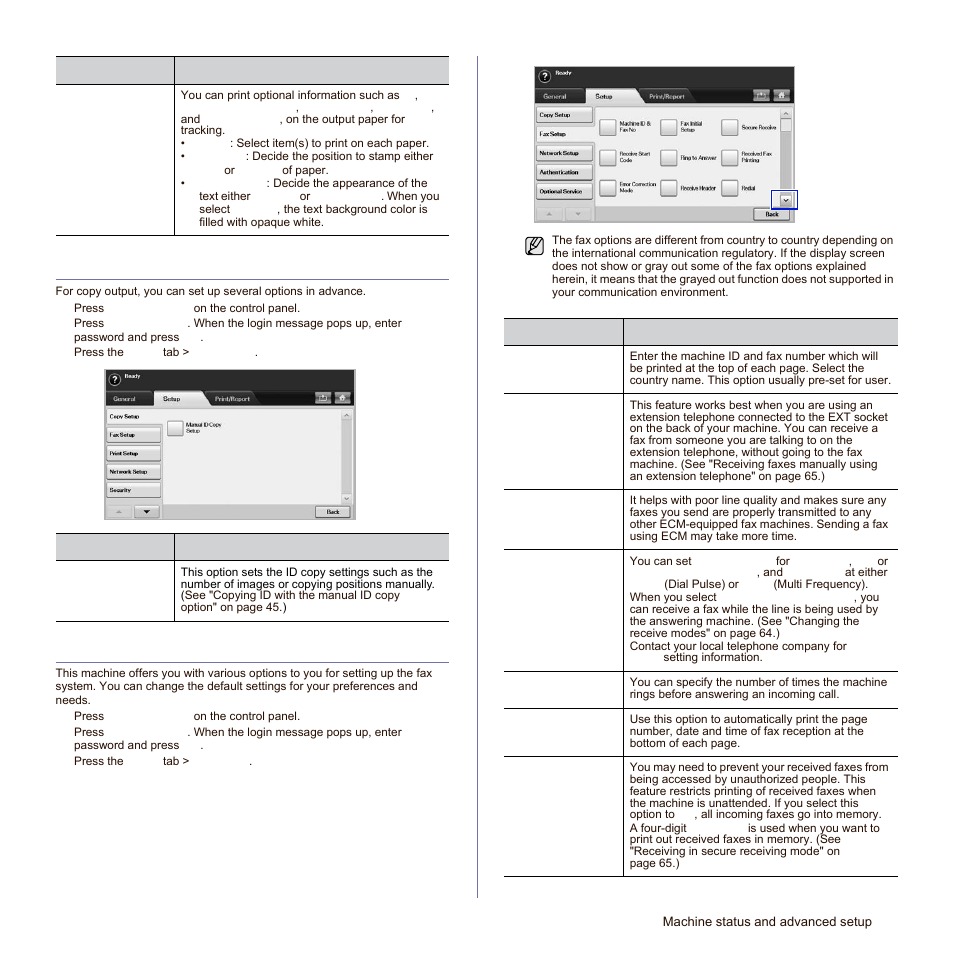 Copy setup, Fax setup, See "fax | Samsung SCX-6545N Series User Manual | Page 87 / 190