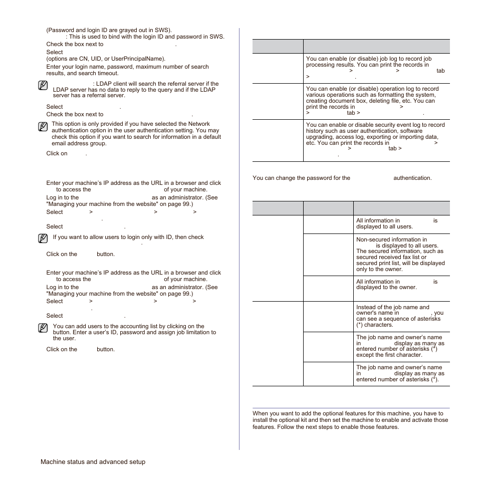 Change admin. password, Information hiding, Optional service | Log change admin. password | Samsung SCX-6545N Series User Manual | Page 92 / 190