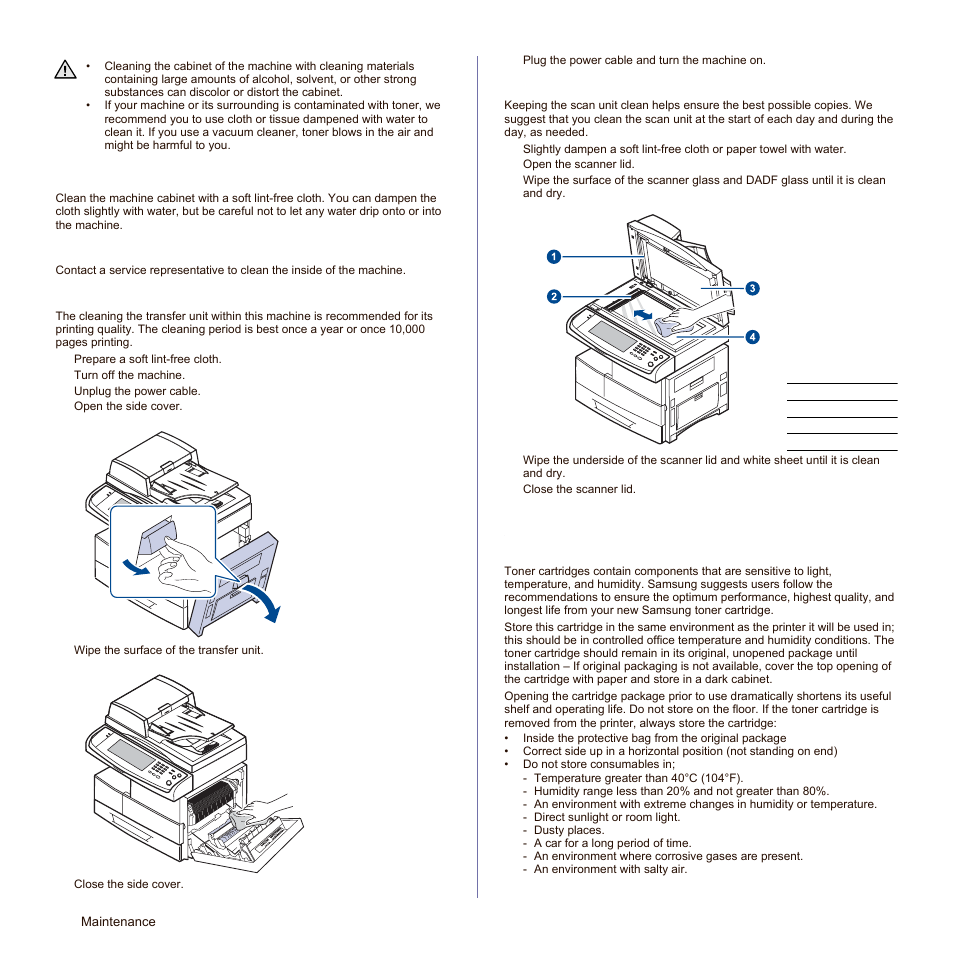 Cleaning the outside, Cleaning the inside, Cleaning the transfer unit | Cleaning the scan unit, Maintaining the toner cartridge, Toner cartridge storage | Samsung SCX-6545N Series User Manual | Page 96 / 190