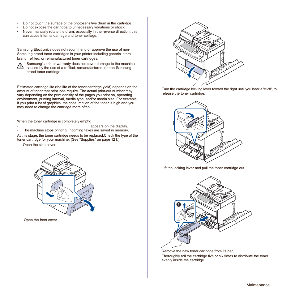 Handling instructions, Use of non-samsung and refilled toner cartridge, Estimated cartridge life | Replacing the toner cartridge, See "replacing the toner cartridge" on | Samsung SCX-6545N Series User Manual | Page 97 / 190