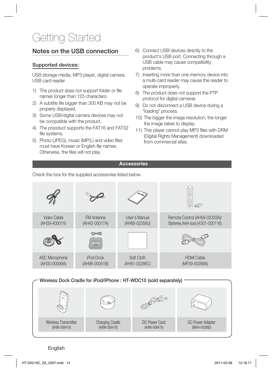 Accessories, Getting started | Samsung HT-D5210C User Manual | Page 14 / 78