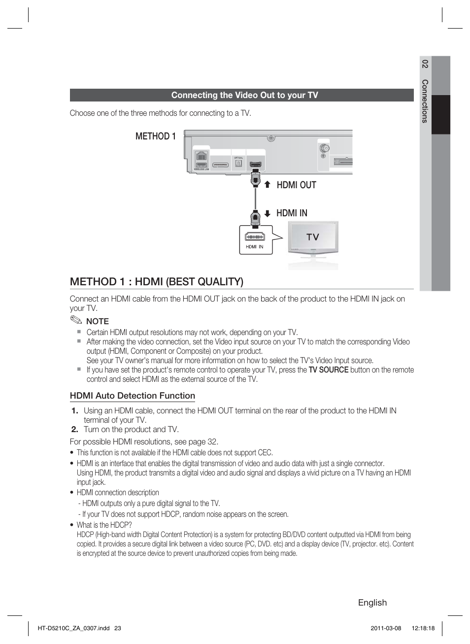 Connecting the video out to your tv, Method 1 : hdmi (best quality), Hdmi out hdmi in method 1 | English, Hdmi auto detection function | Samsung HT-D5210C User Manual | Page 23 / 78