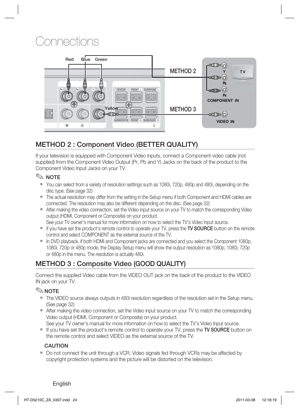 Connections, Method 2 : component video (better quality), Method 3 : composite video (good quality) | Samsung HT-D5210C User Manual | Page 24 / 78