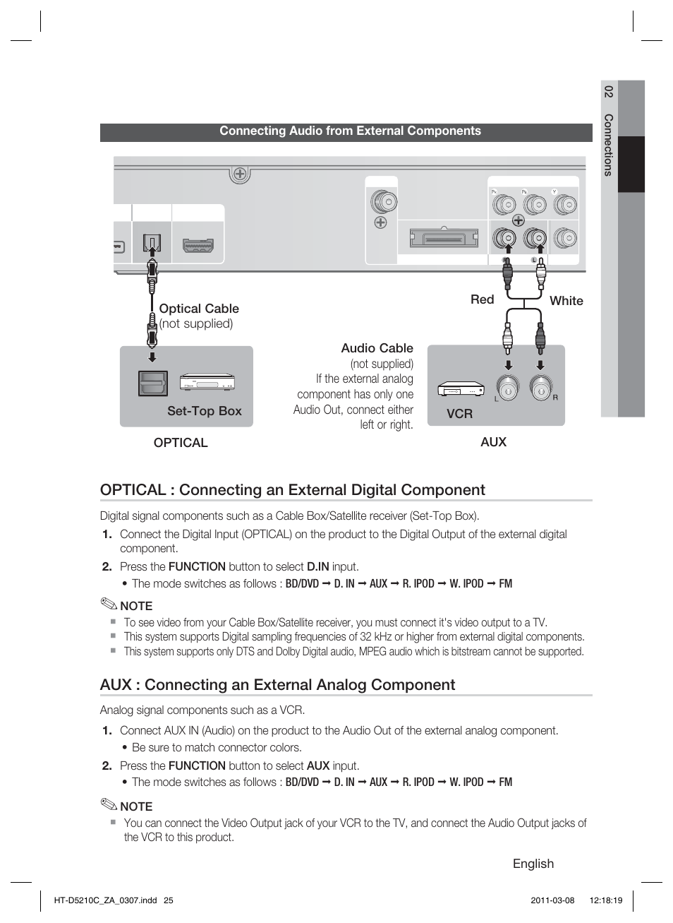 Connecting audio from external components, Optical : connecting an external digital component, Aux : connecting an external analog component | Samsung HT-D5210C User Manual | Page 25 / 78