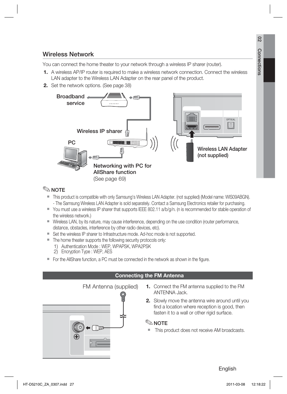 Connecting the fm antenna, Wireless network | Samsung HT-D5210C User Manual | Page 27 / 78