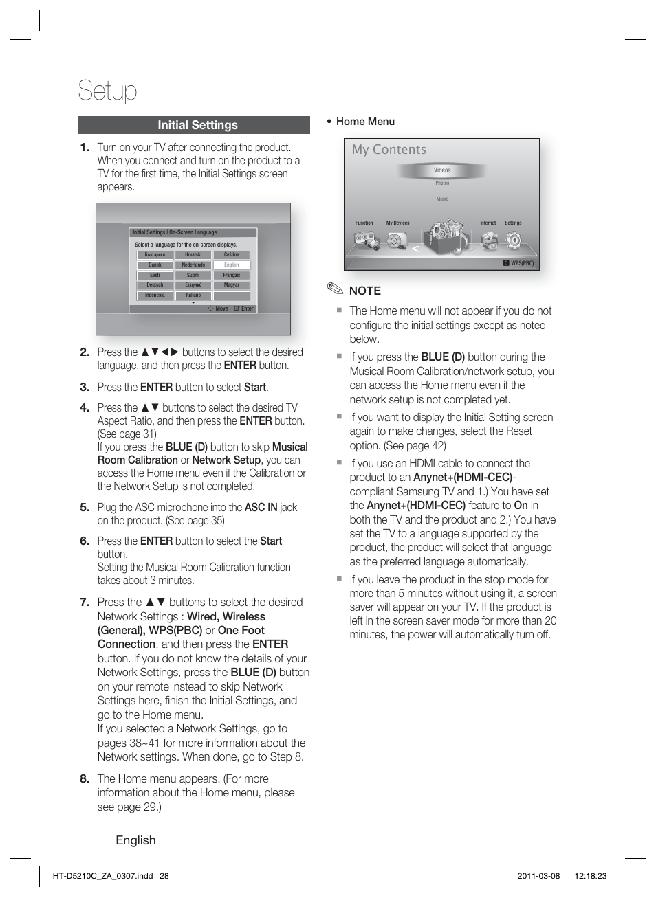 Setup, Initial settings, My contents | Samsung HT-D5210C User Manual | Page 28 / 78