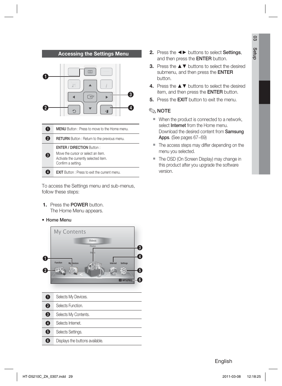 Accessing the settings menu, My contents | Samsung HT-D5210C User Manual | Page 29 / 78