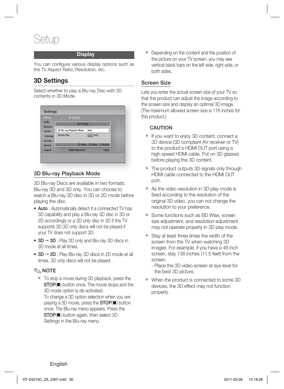 Display, Setup, 3d settings | Samsung HT-D5210C User Manual | Page 30 / 78