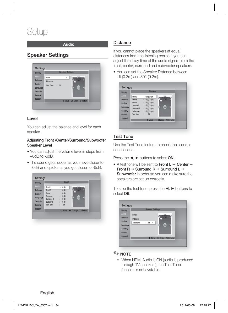 Audio, Setup, Speaker settings | English, Distance, Test tone, Level | Samsung HT-D5210C User Manual | Page 34 / 78