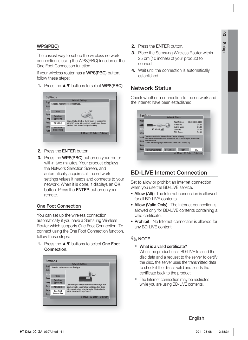 Network status, Bd-live internet connection, English | Wps(pbc), One foot connection | Samsung HT-D5210C User Manual | Page 41 / 78