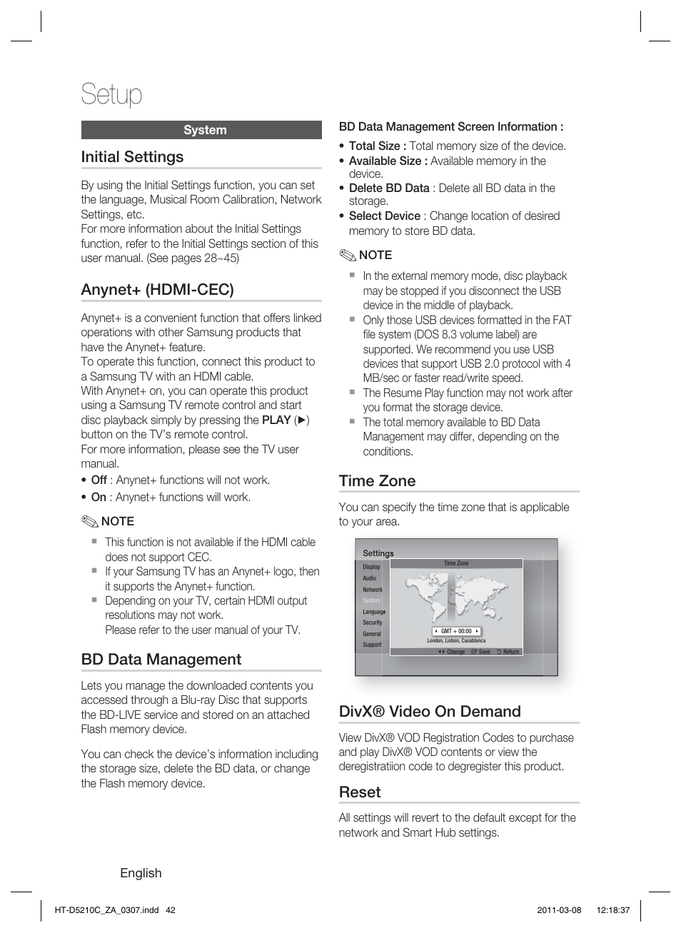 System, Setup, Initial settings | Anynet+ (hdmi-cec), Bd data management, Time zone, Divx® video on demand, Reset | Samsung HT-D5210C User Manual | Page 42 / 78