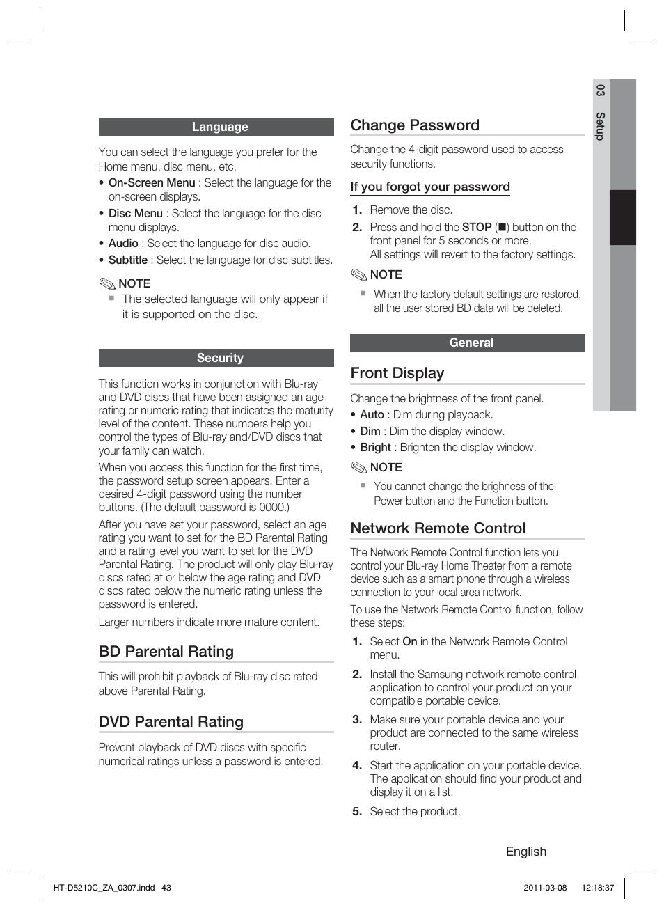 Language, Security, General | Bd parental rating, Dvd parental rating, Change password, Front display, Network remote control | Samsung HT-D5210C User Manual | Page 43 / 78