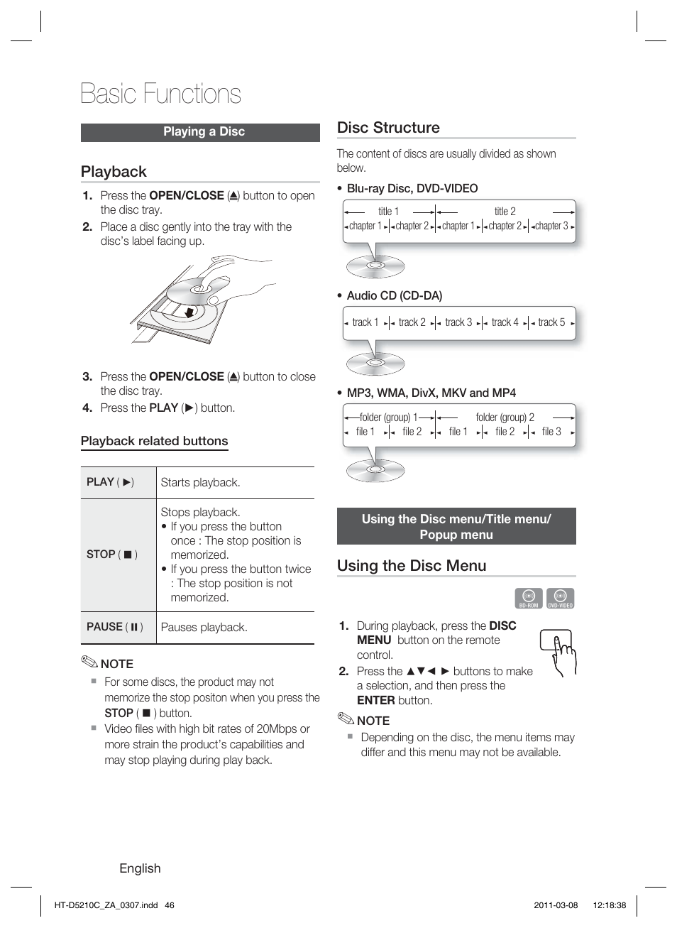 Basic functions, Playing a disc, Using the disc menu/title menu/popup menu | Playback, Disc structure, Using the disc menu | Samsung HT-D5210C User Manual | Page 46 / 78