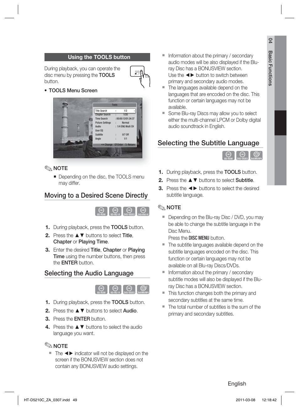 Using the tools button, Hzzy, Hzzx | Moving to a desired scene directly, Selecting the audio language, Selecting the subtitle language | Samsung HT-D5210C User Manual | Page 49 / 78